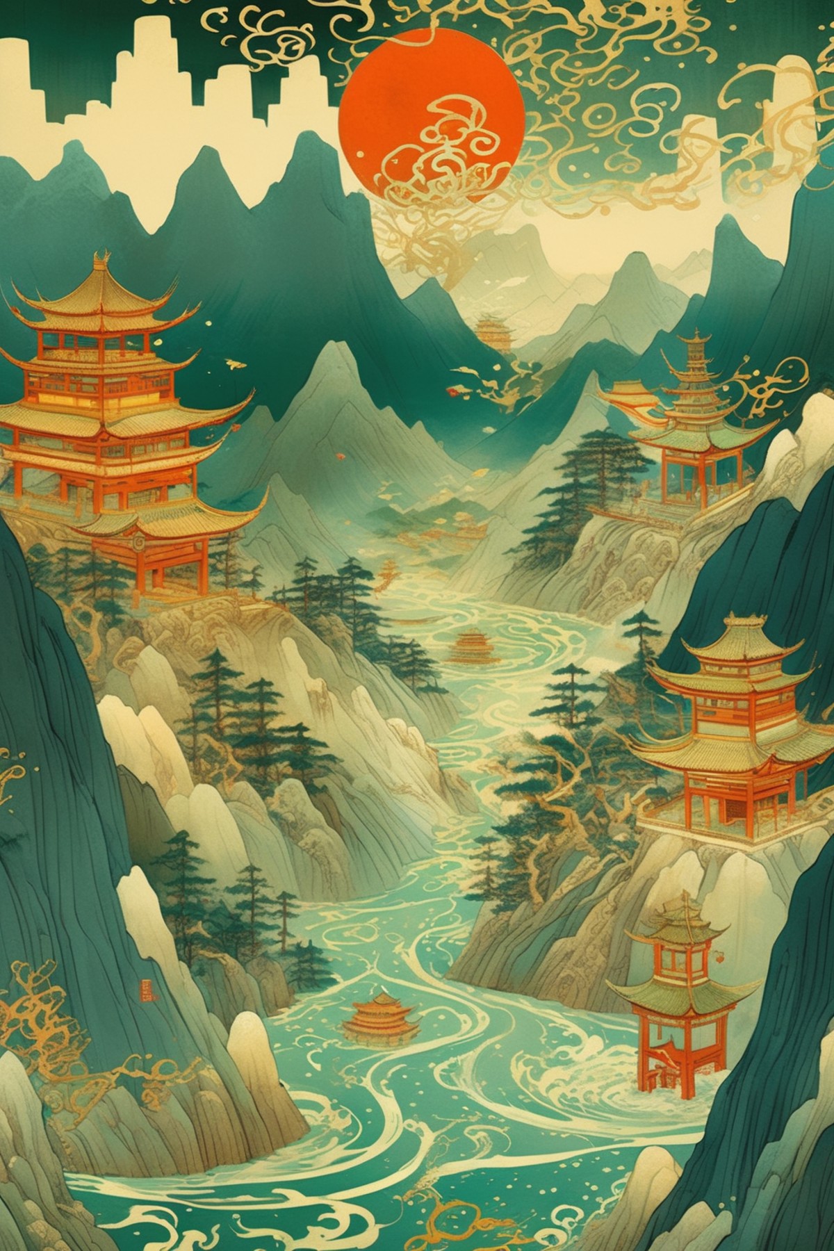 <lora:Victo Ngai Style:1>Victo Ngai Style - imagine illustrated by Guochao by Victo Ngai.The mountains of China are unbrok...